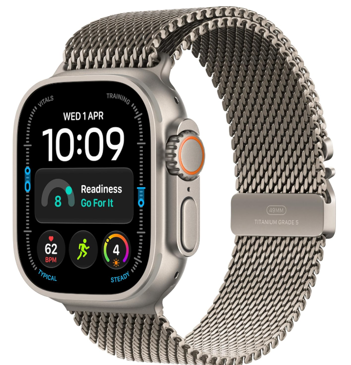 MJA94 Apple Watch Ultra 4 GPS + Cellular 49mm Natural Titanium Case with Natural Titanium Milanese Loop - M